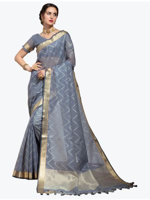 Light Grey Premium Linen Leheriya Designer Saree small FABSA21806