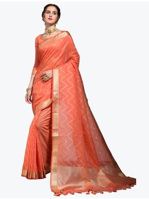 Light Orange Premium Linen Leheriya Designer Saree small FABSA21808