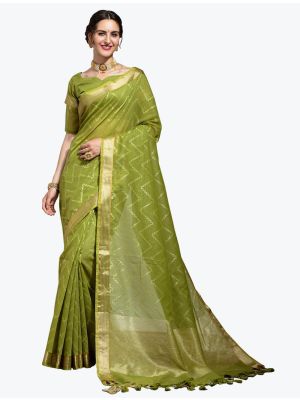 Mehendi Green Premium Linen Leheriya Designer Saree small FABSA21807
