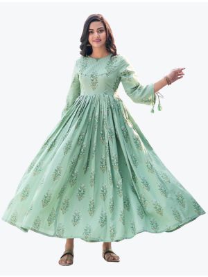 pista green muslin digital printed indo western kurti fabku20604