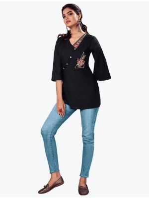 black fine rayon embroidered casual wear top fabku20623