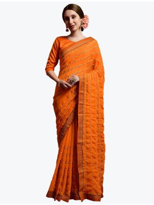 Light Grey Mirror Embroidered Party Wear Georgette Saree small FABSA21834