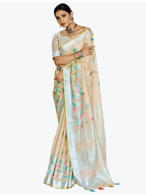 Light Beige Linen Resham Embroidered Party Wear Saree small FABSA21824