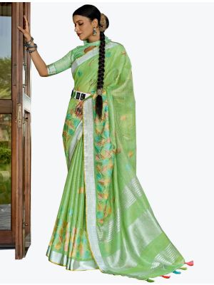 Light Green Linen Resham Embroidered Party Wear Saree small FABSA21821