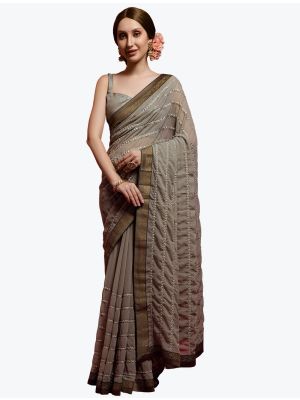 Navy Blue Mirror Embroidered Party Wear Georgette Saree small FABSA21835