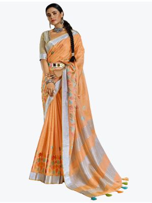 Light Orange Linen Resham Embroidered Party Wear Saree small FABSA21825
