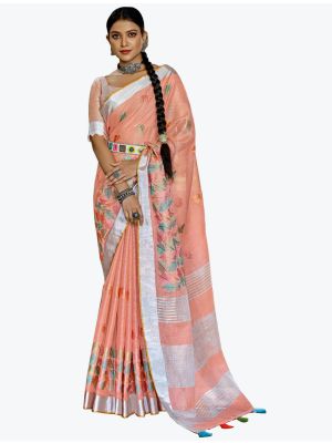 Light Peach Linen Resham Embroidered Party Wear Saree small FABSA21822