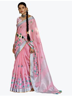 Light Pink Linen Resham Embroidered Party Wear Saree small FABSA21818