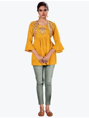 mustard fine rayon embroidered casual wear top fabku20621