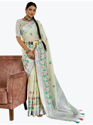 Off White Linen Resham Embroidered Party Wear Saree small FABSA21820
