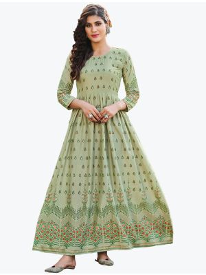 pista green fine rayon printed long indo western kurti fabku20614