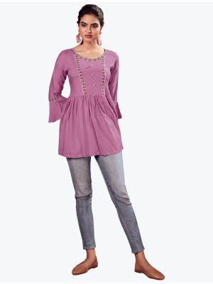 purple fine rayon embroidered casual wear top fabku20619