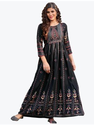 rich black fine rayon printed long indo western kurti fabku20610