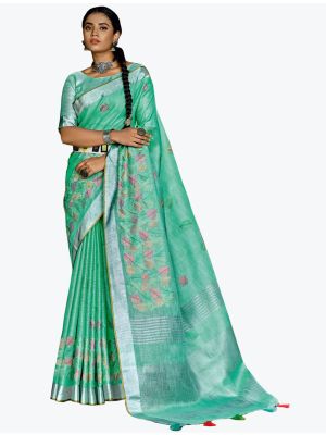 Sea Green Linen Resham Embroidered Party Wear Saree small FABSA21819