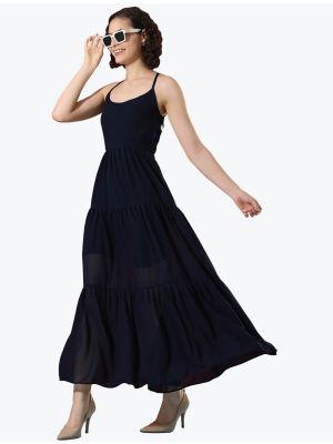dark blue georgette long western frock fabku20629