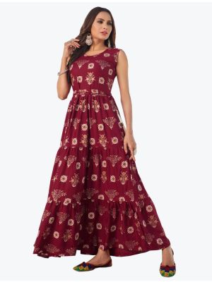 deep maroon fine rayon printed long indo western kurti fabku20632