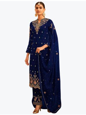 Navy Blue Faux Georgette Embroidered Designer Palazzo Suit small FABSL21090