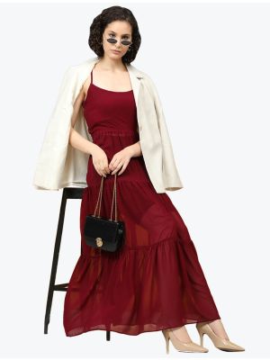 rich maroon georgette long western frock fabku20630