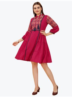 dark pink viscose rayon party wear frock fabku20640
