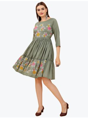greenish grey viscose rayon party wear frock fabku20642