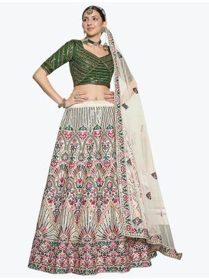 Milky White Embroidered Silk Exclusive Designer Lehenga Choli small FABLE20340