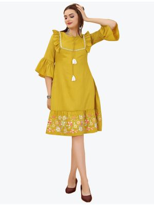 mustard yellow viscose rayon party wear frock fabku20643