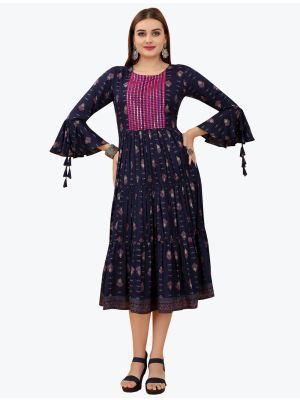 navy blue viscose rayon party wear frock fabku20638