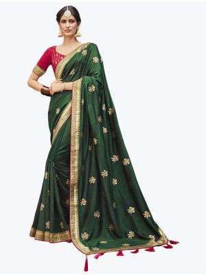 Turquoise Vichitra Silk Zari Embroidered Saree small FABSA21870