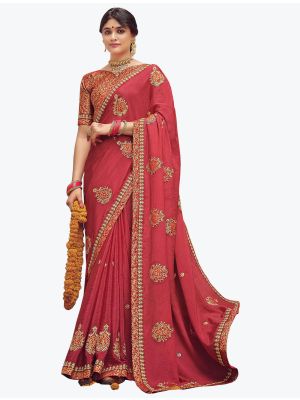 Orange Yellow Chinon Embroidered Saree small FABSA21899