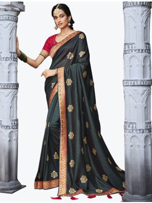 Dark Green Vichitra Silk Zari Embroidered Saree small FABSA21869