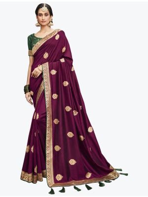 Bottle Green Vichitra Silk Zari Embroidered Saree small FABSA21874