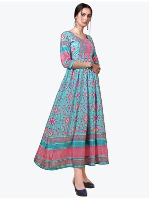 blue chinon digital printed long kurti fabku20659