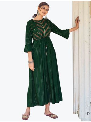 bottle green rayon lurex embroidered long kurti fabku20672