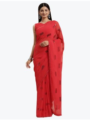 Bright Red Fancy Georgette Saree With Sequins Work