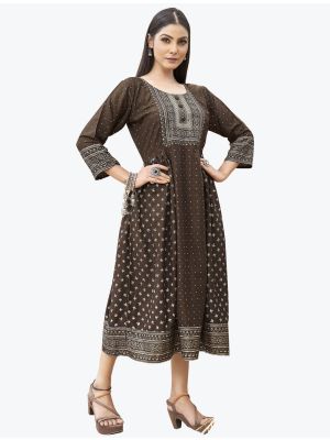 coffee brown fine rayon printed long kurti fabku20678