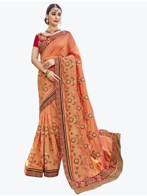 Dark Peach Vichitra Silk Zari Embroidered Designer Saree