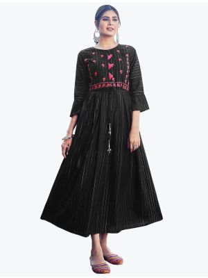 deep black rayon lurex embroidered long kurti fabku20674