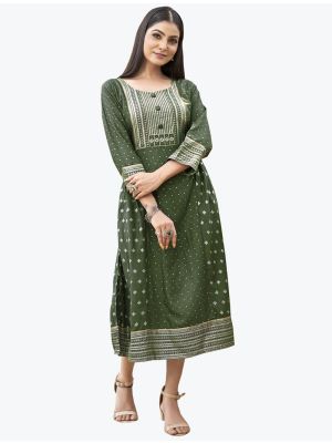 fern green fine rayon printed long kurti fabku20679