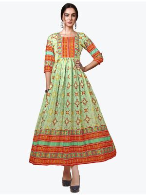 green chinon digital printed long kurti fabku20661