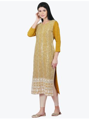 mustard viscose kurti with lucknowi embroidery work fabku20684