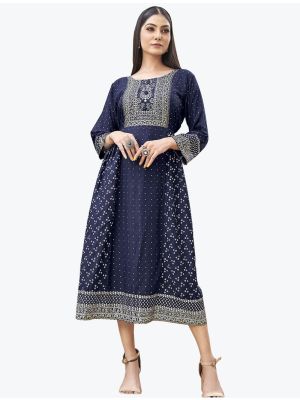 navy blue fine rayon printed long kurti fabku20677