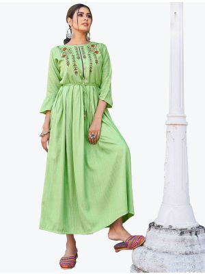 pista green rayon lurex embroidered long kurti fabku20673