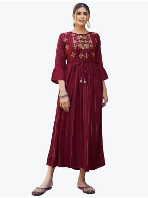 rich maroon rayon lurex embroidered long kurti fabku20671