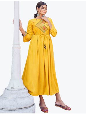 sunny yellow rayon lurex embroidered long kurti fabku20675