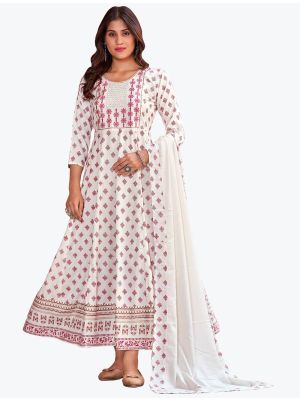 white rayon embroidered long kurti with dupatta fabku20665