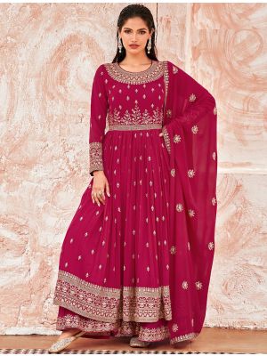 Dark Pink Faux Georgette Embroidered Sharara Suit small FABSL21275