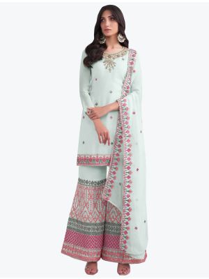 Ice Blue Pure Georgette Embroidered Sharara Suit small FABSL21264