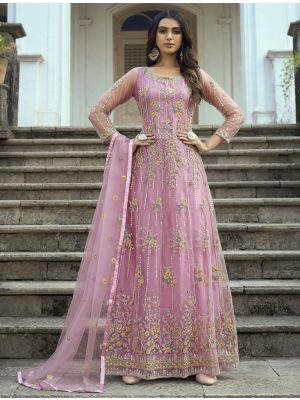 Light Pink Butterfly Net Semi Stitched Anarkali Suit FABSL21301