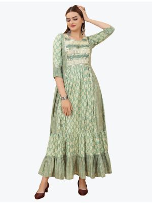 moss green muslin printed maxi dress fabku20693