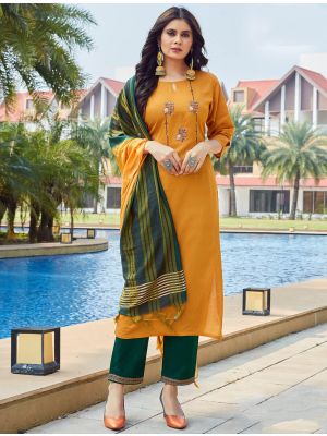 Mustard Viscose Dobby Readymade Palazzo Suit With Hand Work FABSL21295